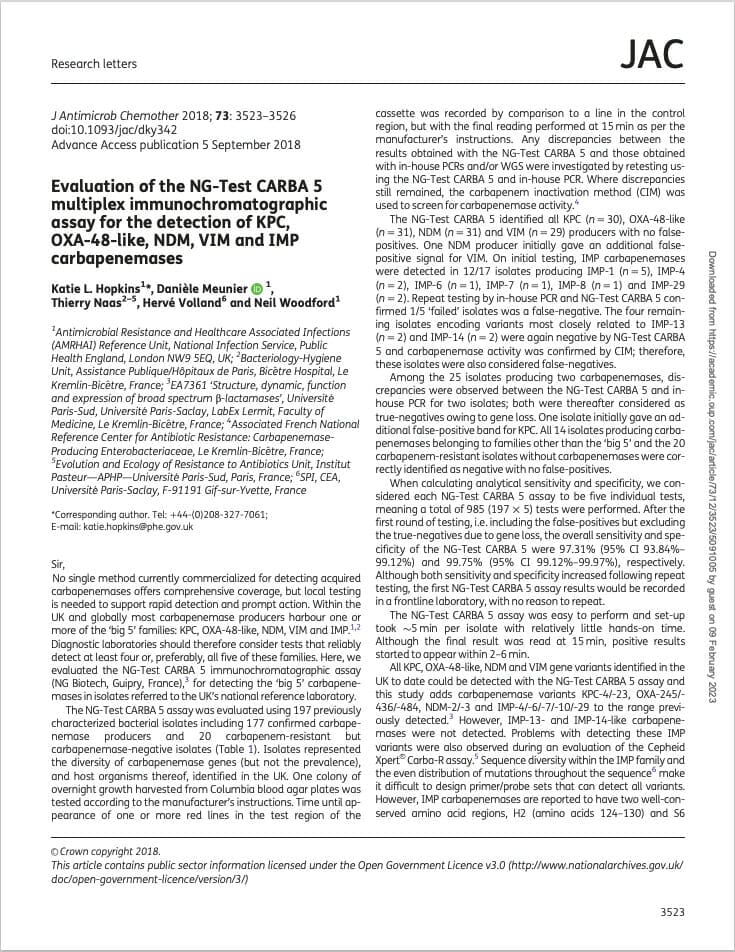 JAC - Evaluation of the NG-Test CARBA 5 multiplex immunochromatographic assay for the detection of KPC, OXA-48-like, NDM, VIM and IMP carbapenemases